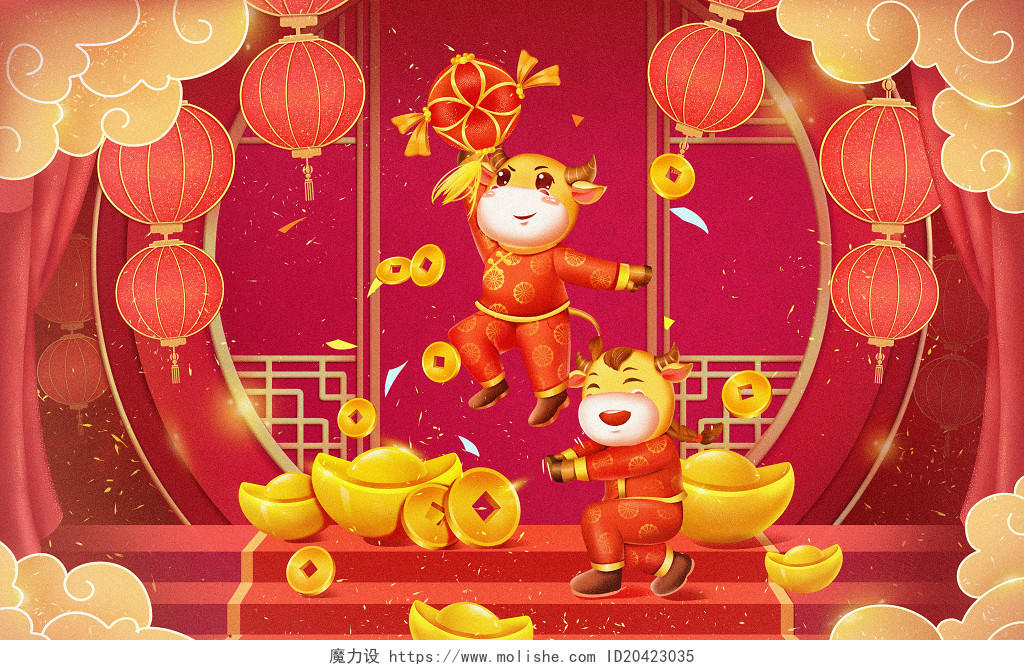 红色金色立体风2021牛年新年春节小牛抢绣球手绘插画背景素材